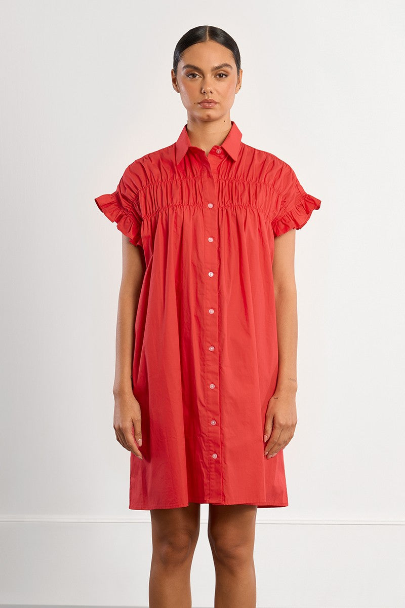 Lili Sidonio Red Smocked Shirt Dress