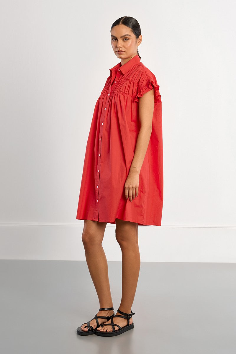 Lili Sidonio Red Smocked Shirt Dress