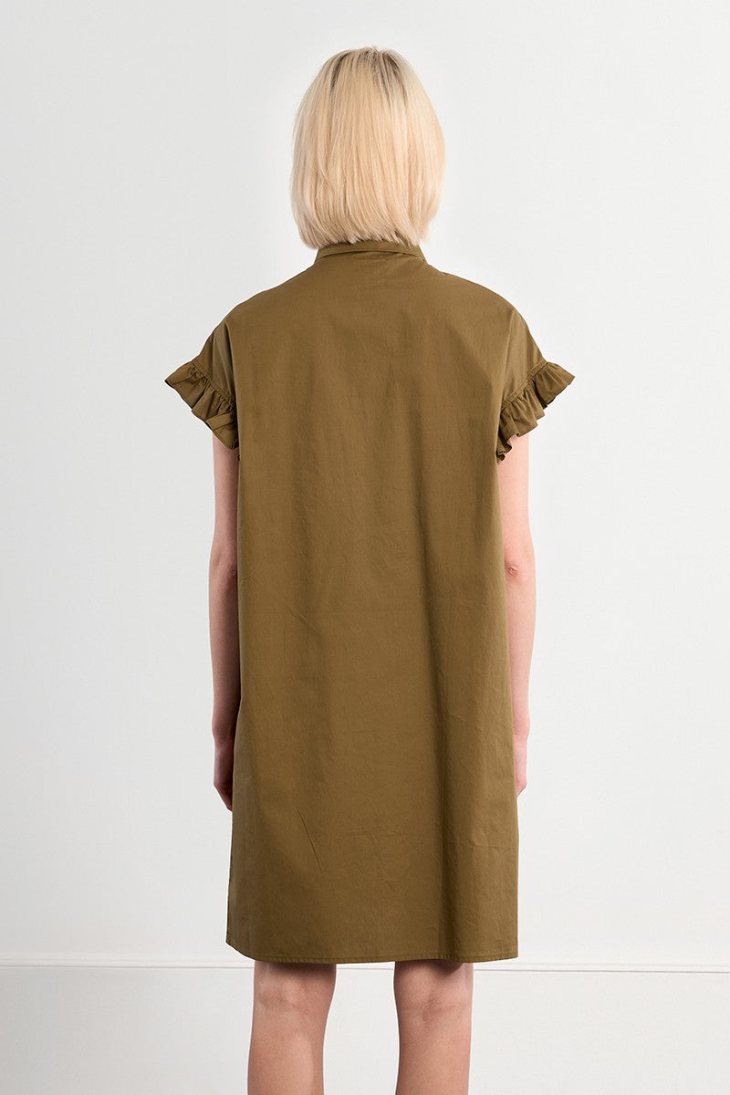 Lili Sidonio Khaki Smocked Cotton Shirt Dress