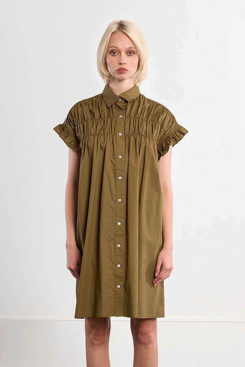 Lili Sidonio Khaki Smocked Cotton Shirt Dress