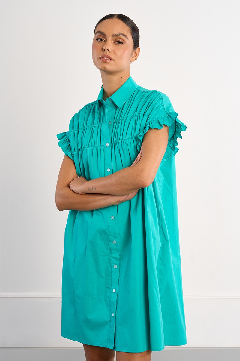 Lili Sidonio Mint Cotton Smocked Shirt Dress