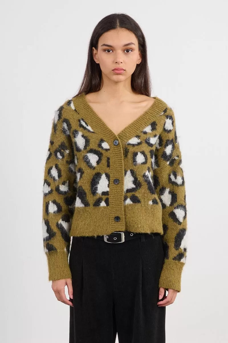 Molly Bracken Khaki Cropped Leopard Cardigan