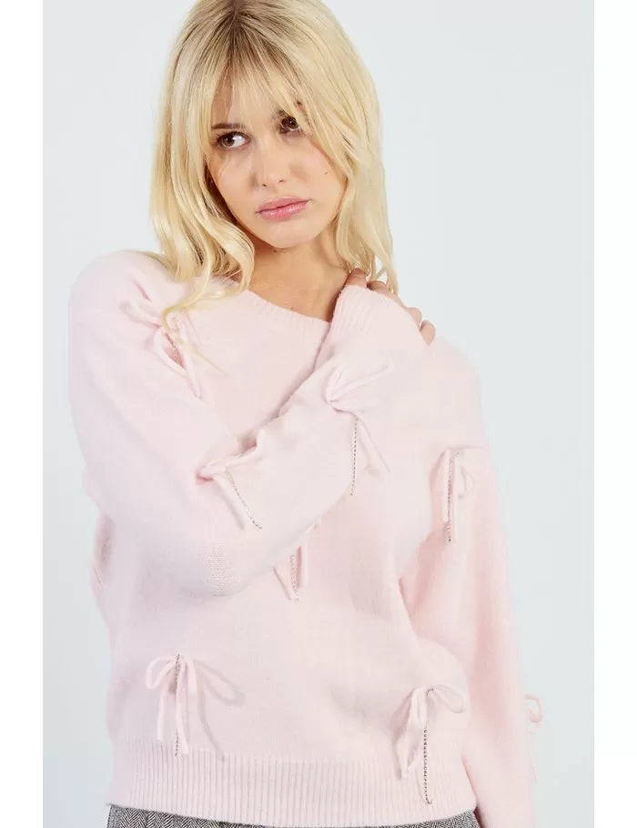 Molly Bracken Embossed Bow Light Pink Sweater