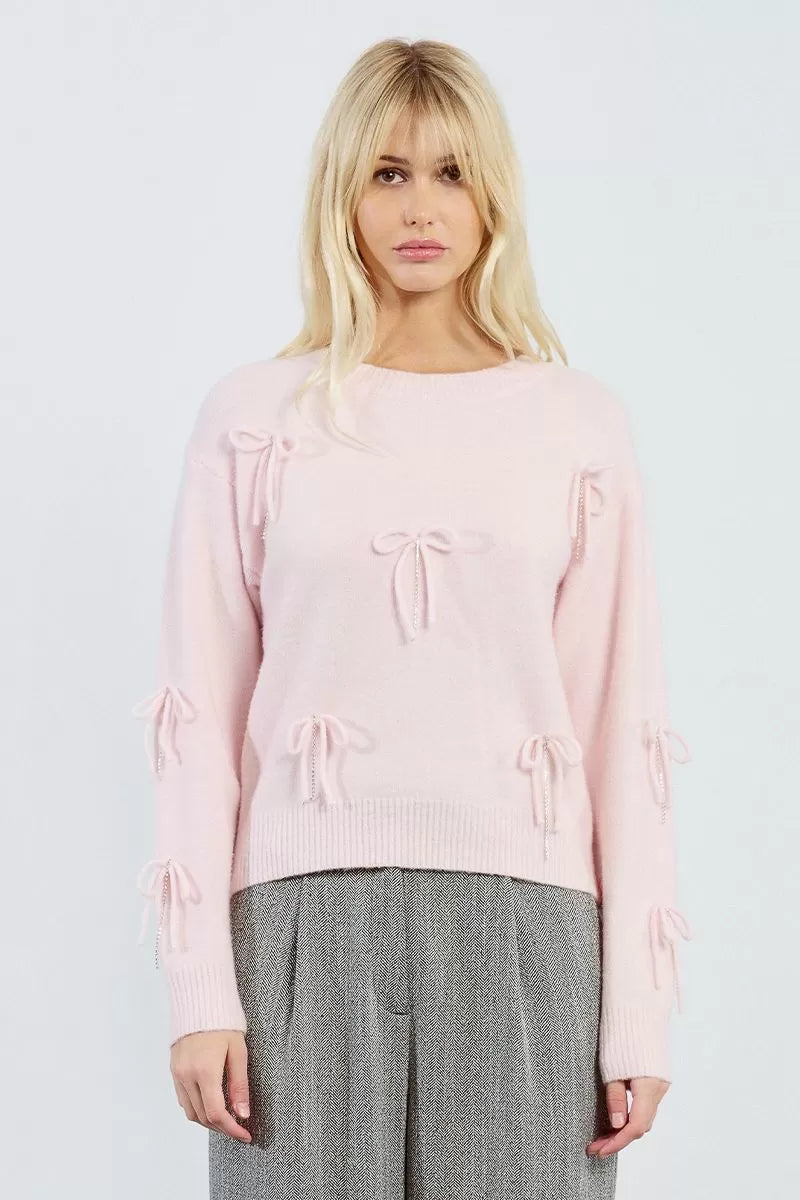 Molly Bracken Embossed Bow Light Pink Sweater
