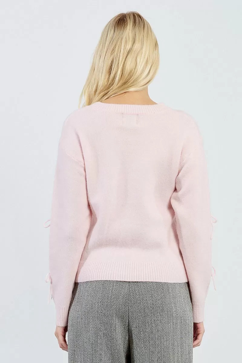 Molly Bracken Embossed Bow Light Pink Sweater