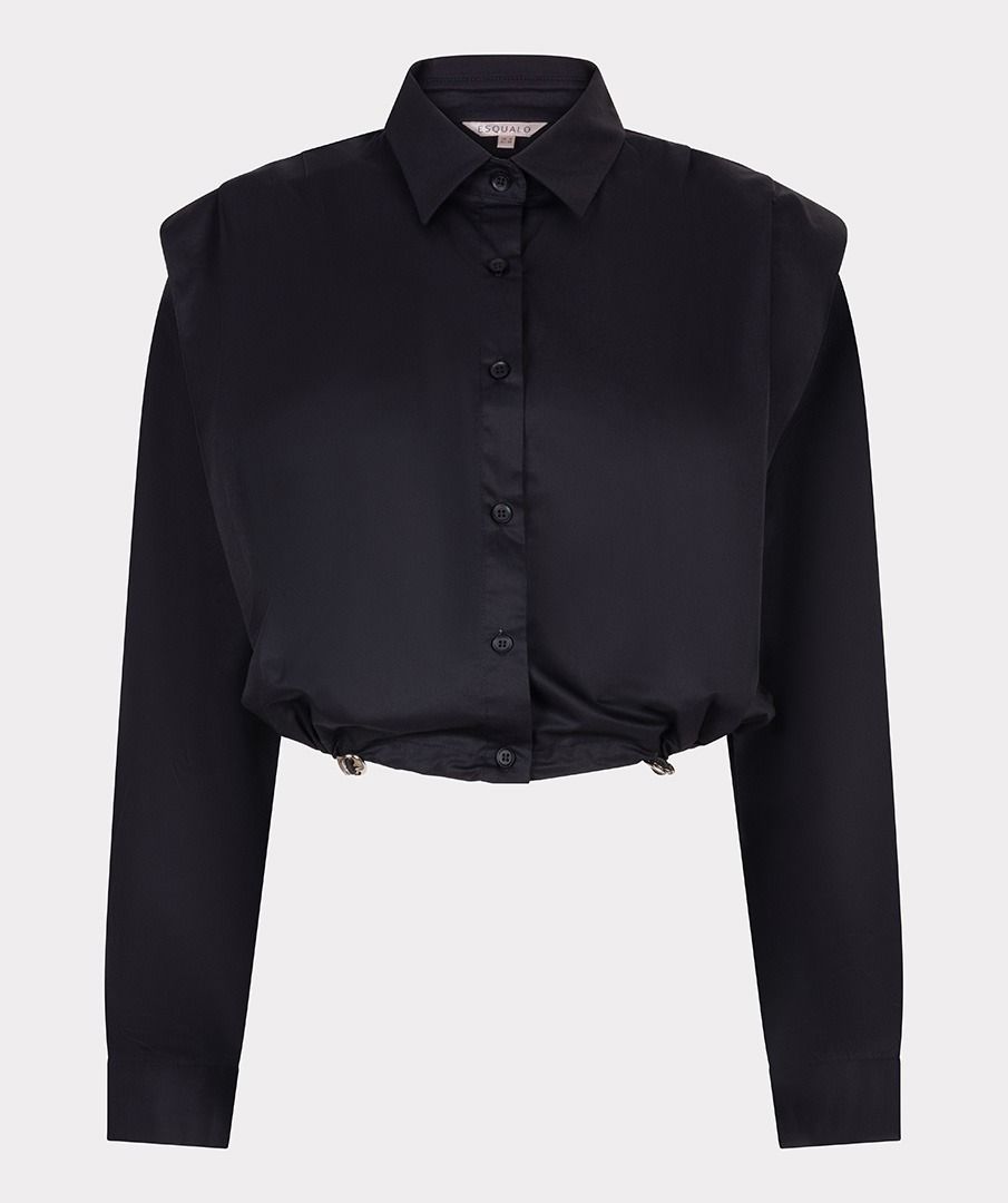 Esqualo Black Cropped Drawstring Poplin Blouse
