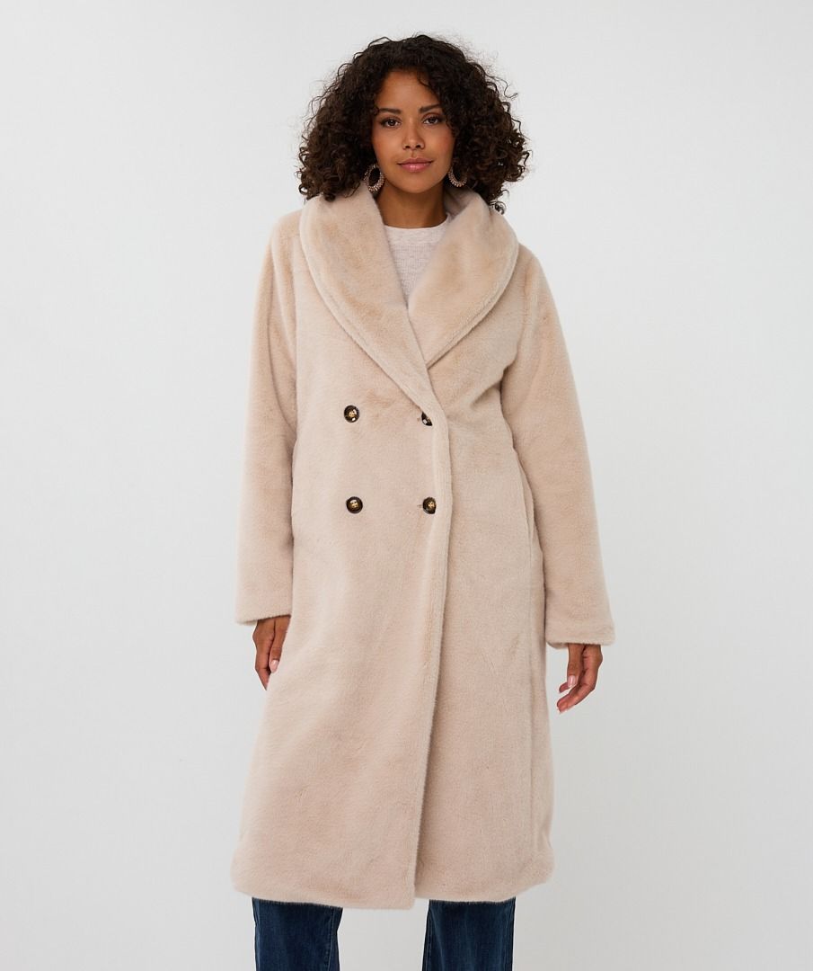 Esqualo Beige Long Coat With Faux Fur Shawl Collar