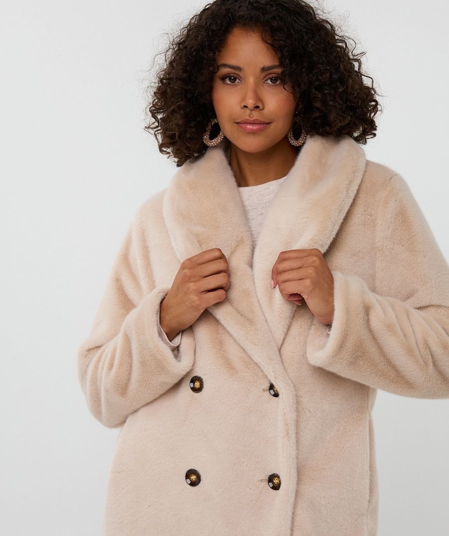 Esqualo Beige Long Coat With Faux Fur Shawl Collar