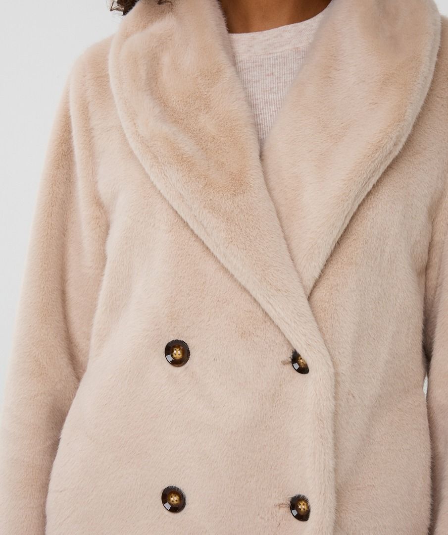Esqualo Beige Long Coat With Faux Fur Shawl Collar