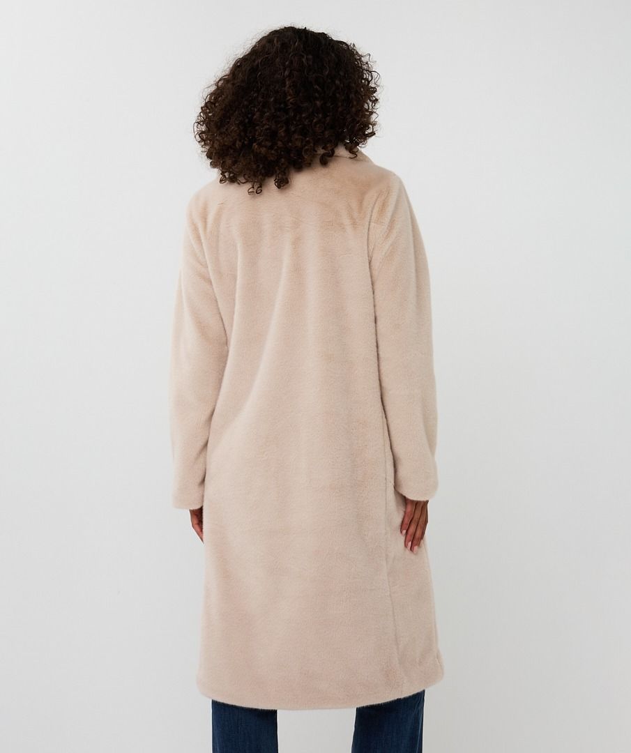 Esqualo Beige Long Coat With Faux Fur Shawl Collar