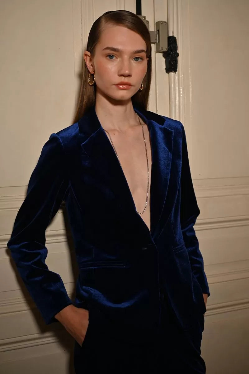 Molly Bracken Fitted Velvet Navy Blazer