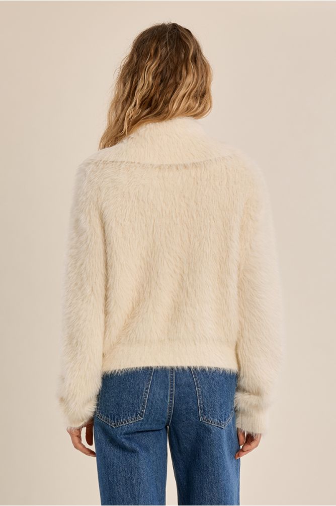 Molly Bracken Cream Fluffy Knit Cardigan WIth Stand Up Collar