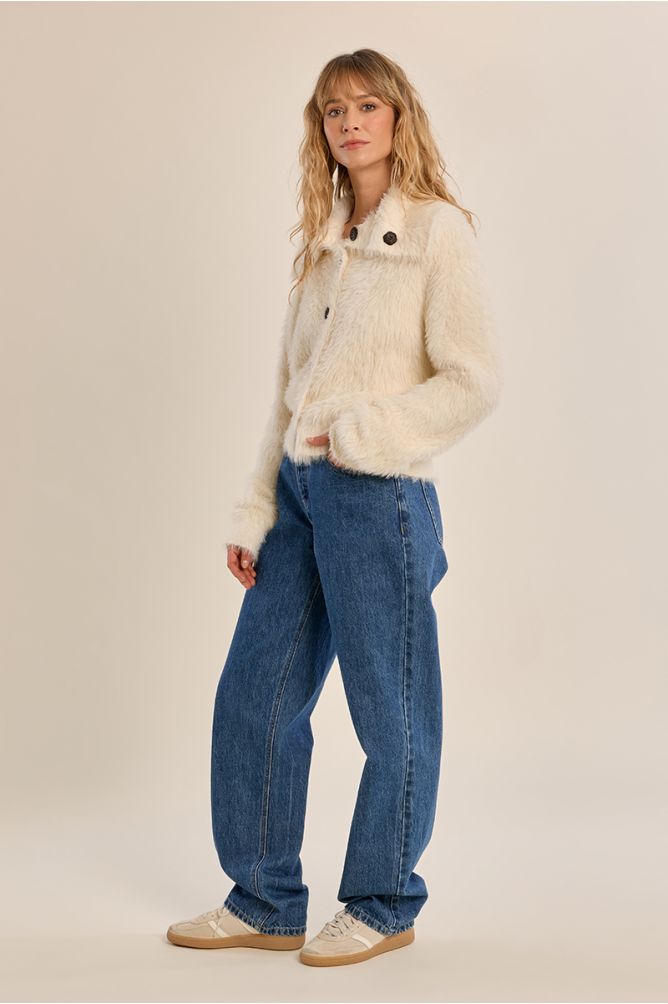 Molly Bracken Cream Fluffy Knit Cardigan WIth Stand Up Collar