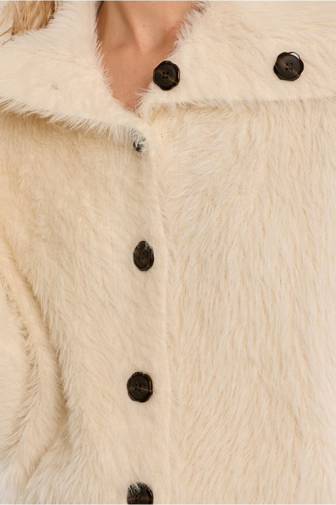 Molly Bracken Cream Fluffy Knit Cardigan WIth Stand Up Collar
