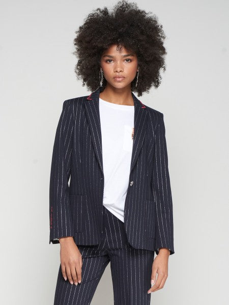 Vilagallo Navy Pinstripe Blazer With Embroidery