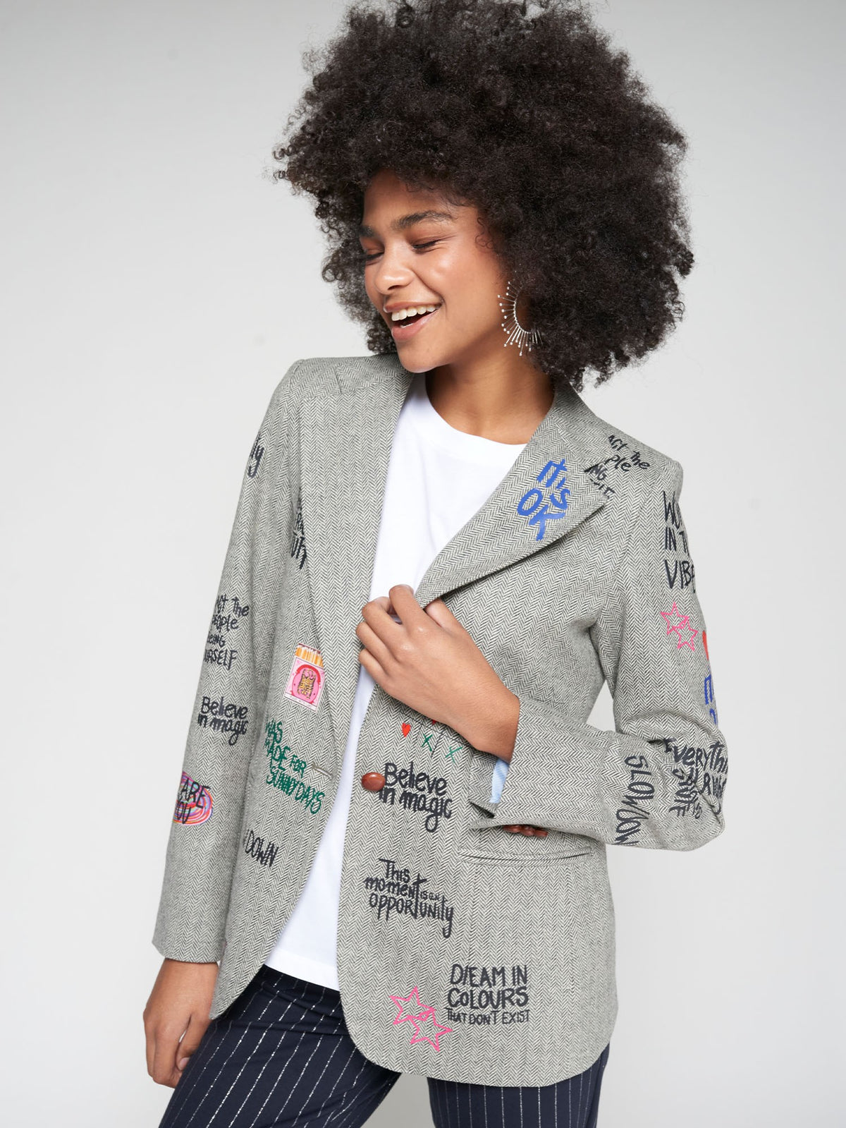 Vilagallo Herringbone Grey Printed Blazer