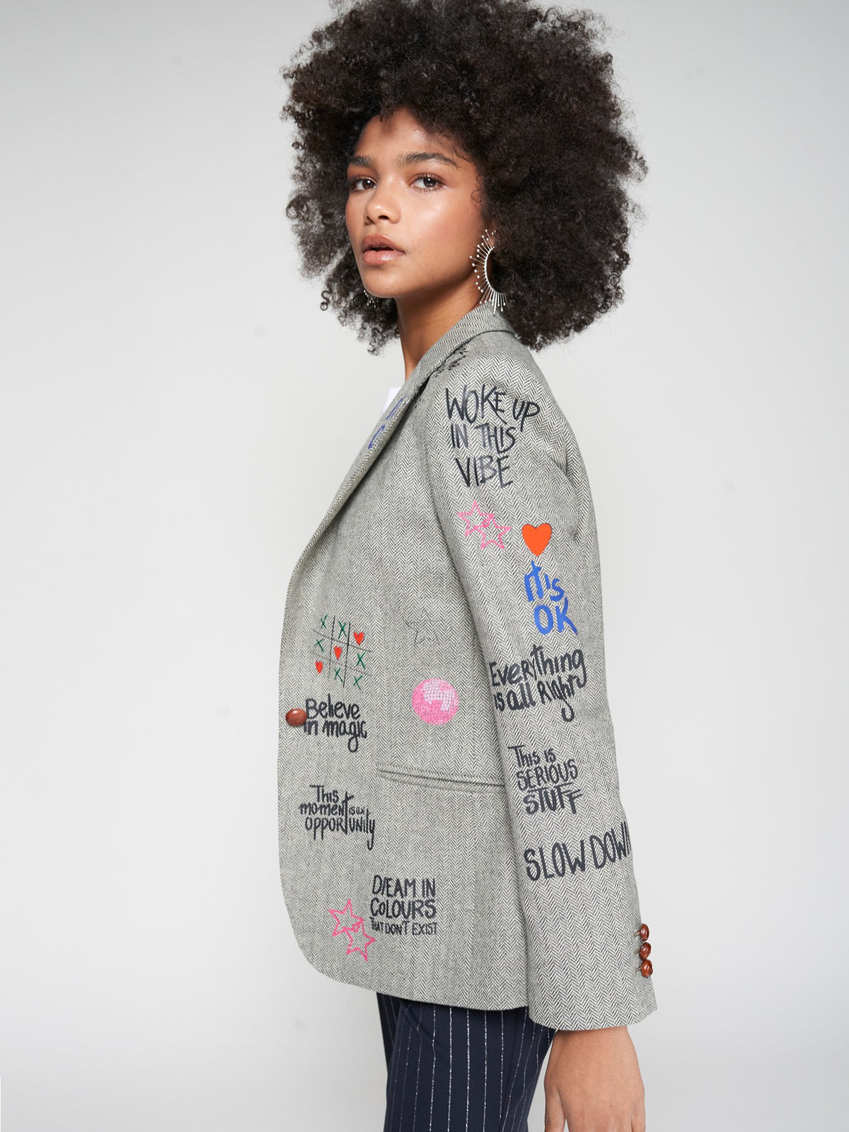 Vilagallo Herringbone Grey Printed Blazer