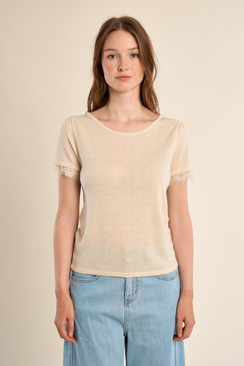 Molly Bracken Cream Tee With Lace Sleeves