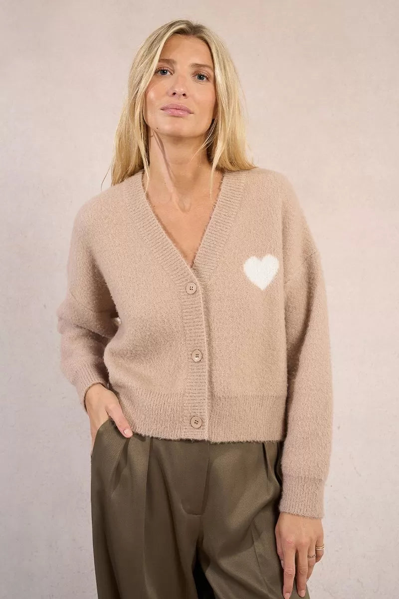 Molly Bracken Beige Knitted Cardigan With Heart Print