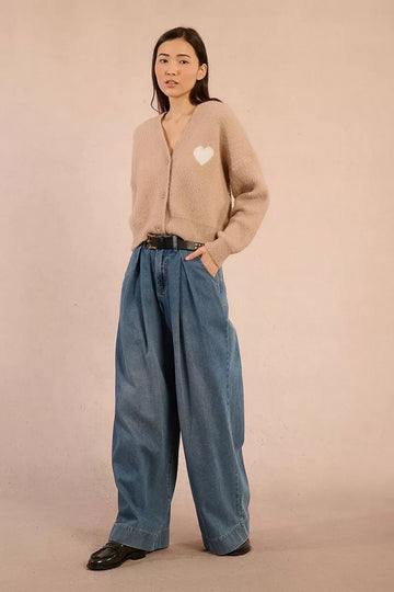 Molly Bracken Beige Knitted Cardigan With Heart Print