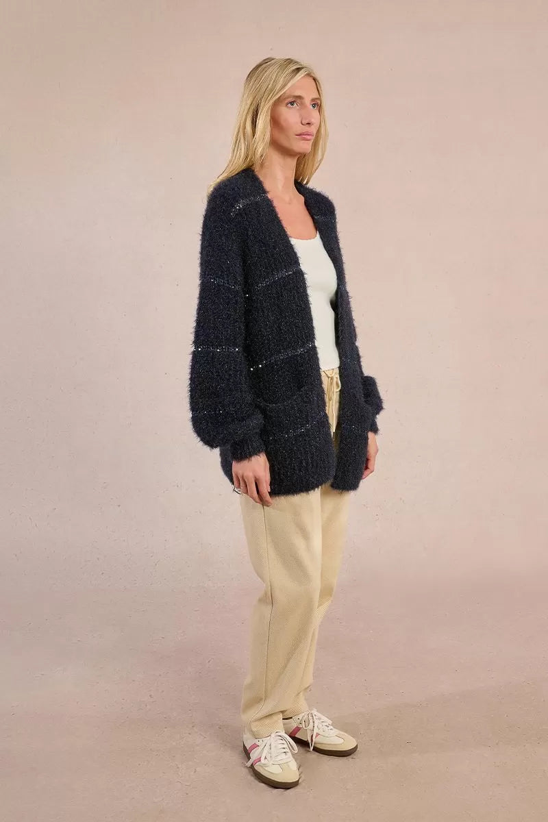 Molly Bracken Knitted Navy Blue Open And Iridescent Cardigan