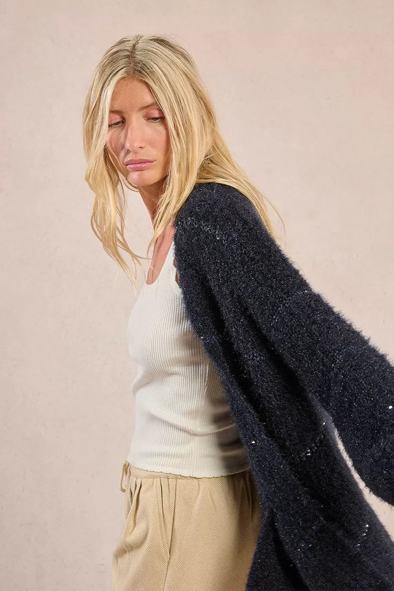 Molly Bracken Knitted Navy Blue Open And Iridescent Cardigan