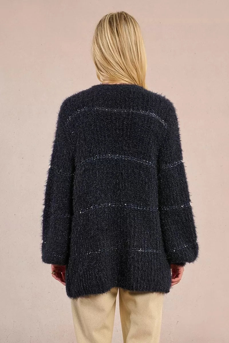 Molly Bracken Knitted Navy Blue Open And Iridescent Cardigan