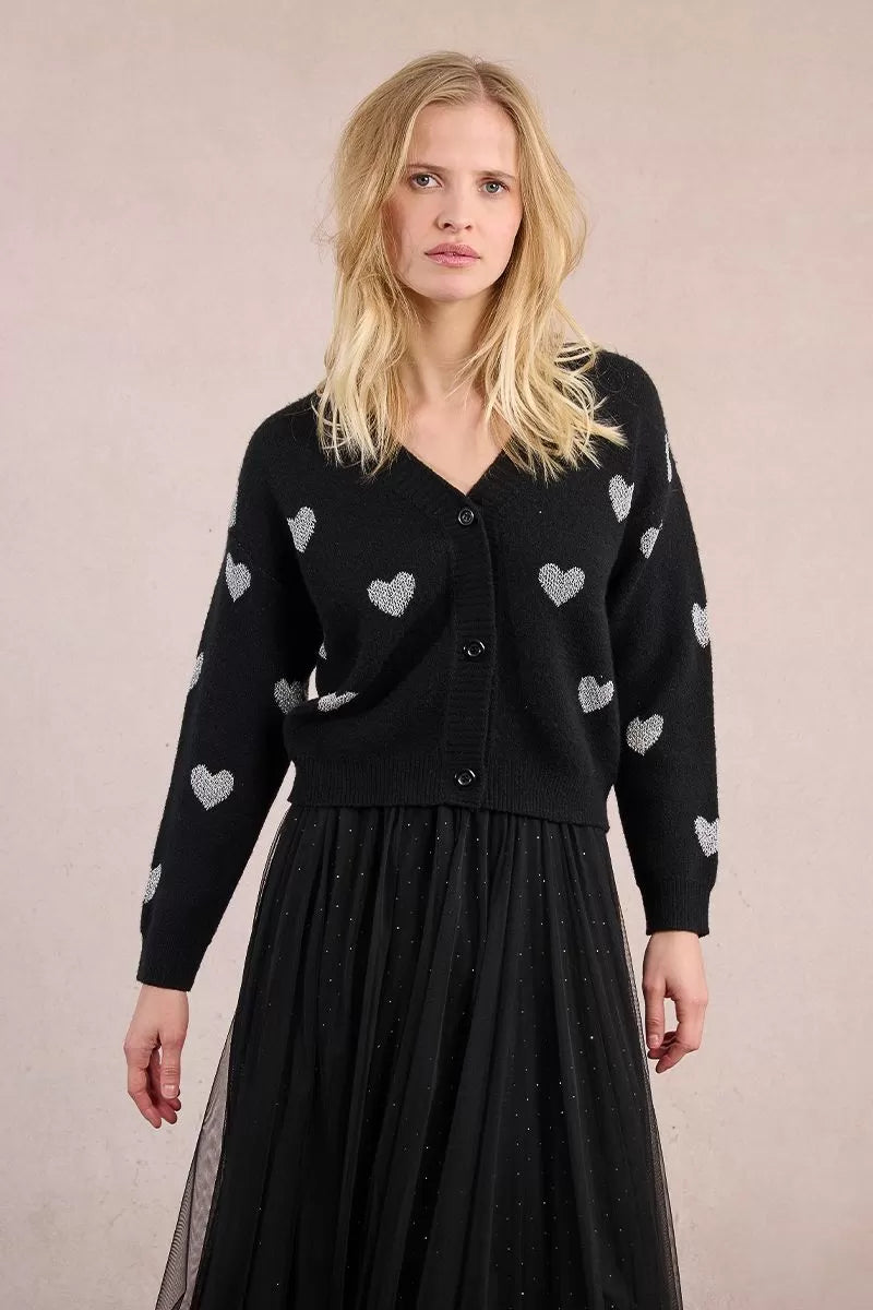 Molly Bracken Black Knitted Cardigan With Heart Pattern