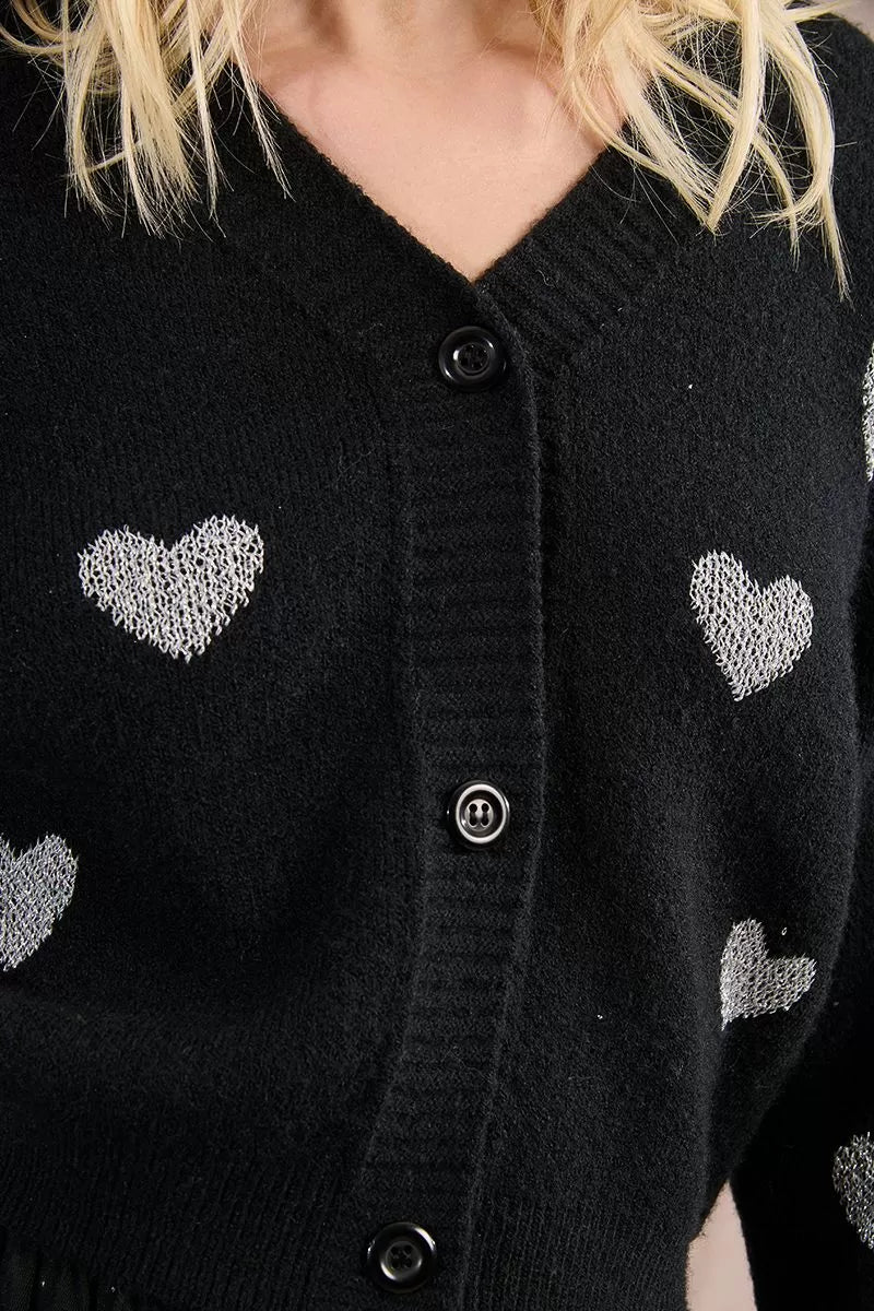 Molly Bracken Black Knitted Cardigan With Heart Pattern