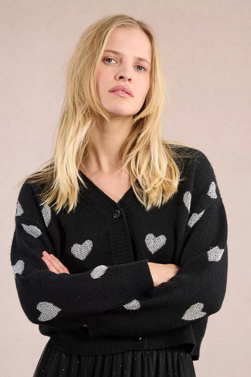 Molly Bracken Black Knitted Cardigan With Heart Pattern