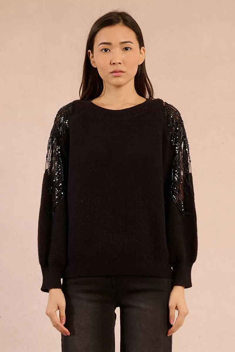 Molly Bracken Black Sweater Sprinked With Sequins