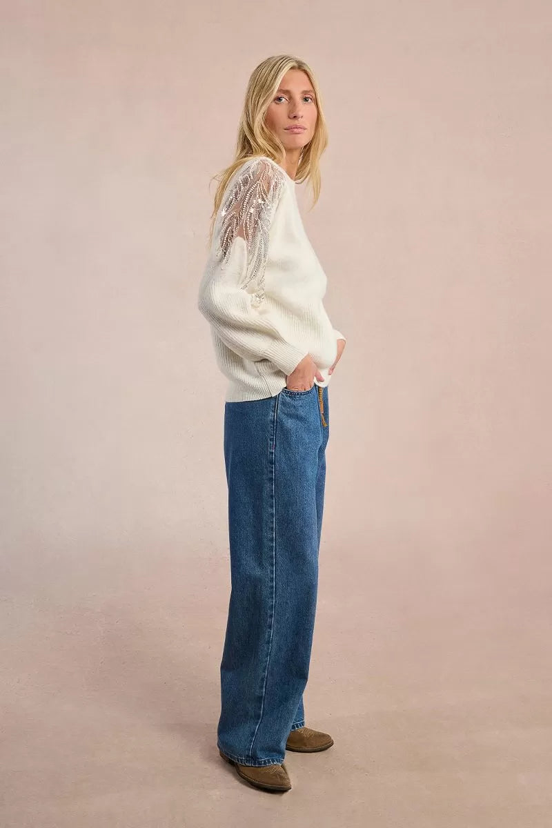 Molly Bracken Off White Sweater Sprinkled With Sequins