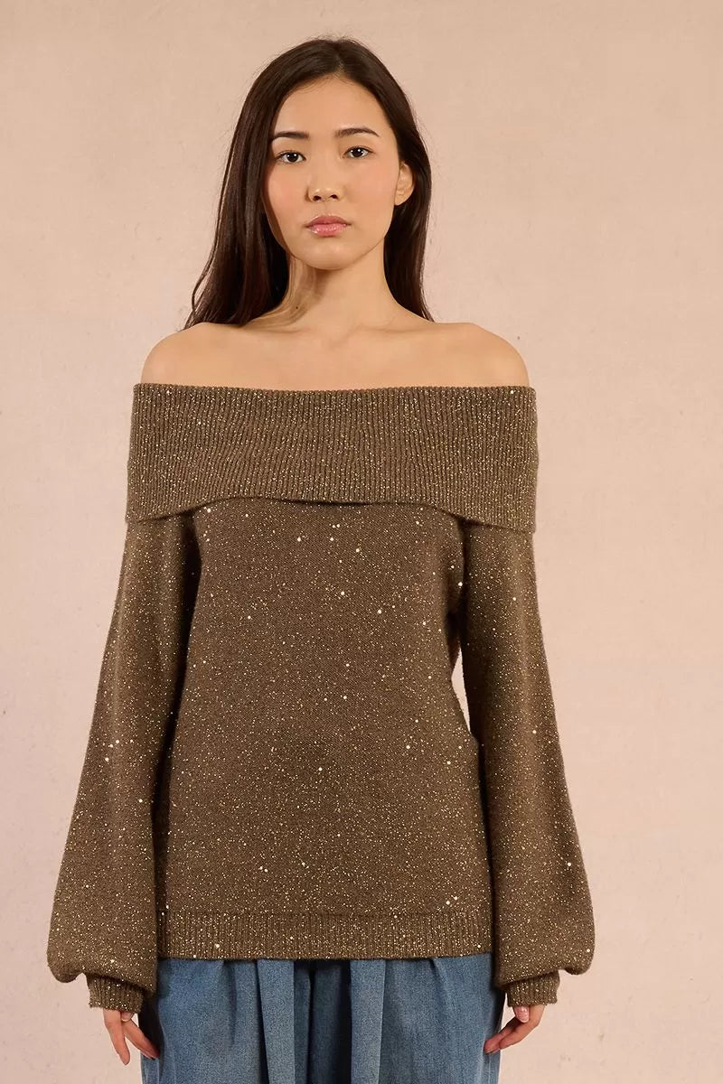 Molly Bracken Off The Shoulder Khaki Sweater