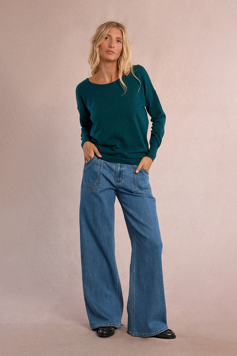 Molly Bracken Knitted Duck Blue Sweater With V Back