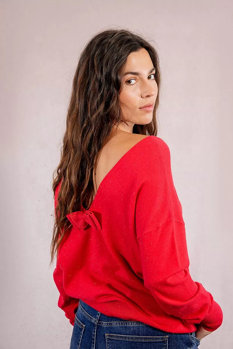 Molly Bracken Red Sweater, V Back With Bow