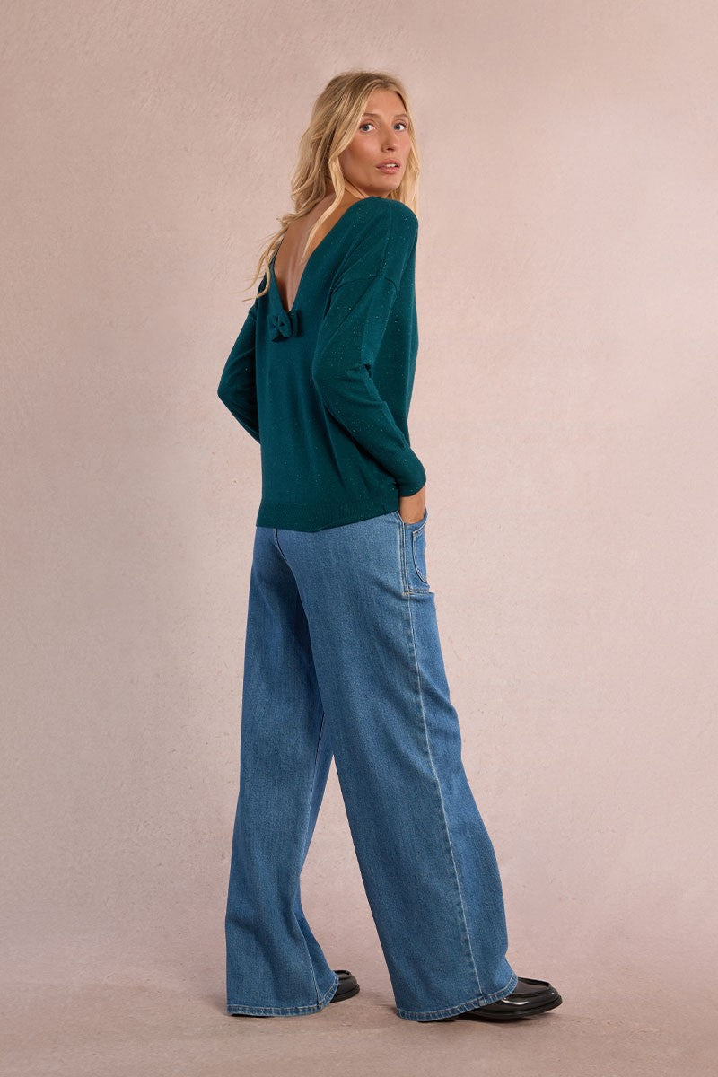 Molly Bracken Knitted Duck Blue Sweater With V Back