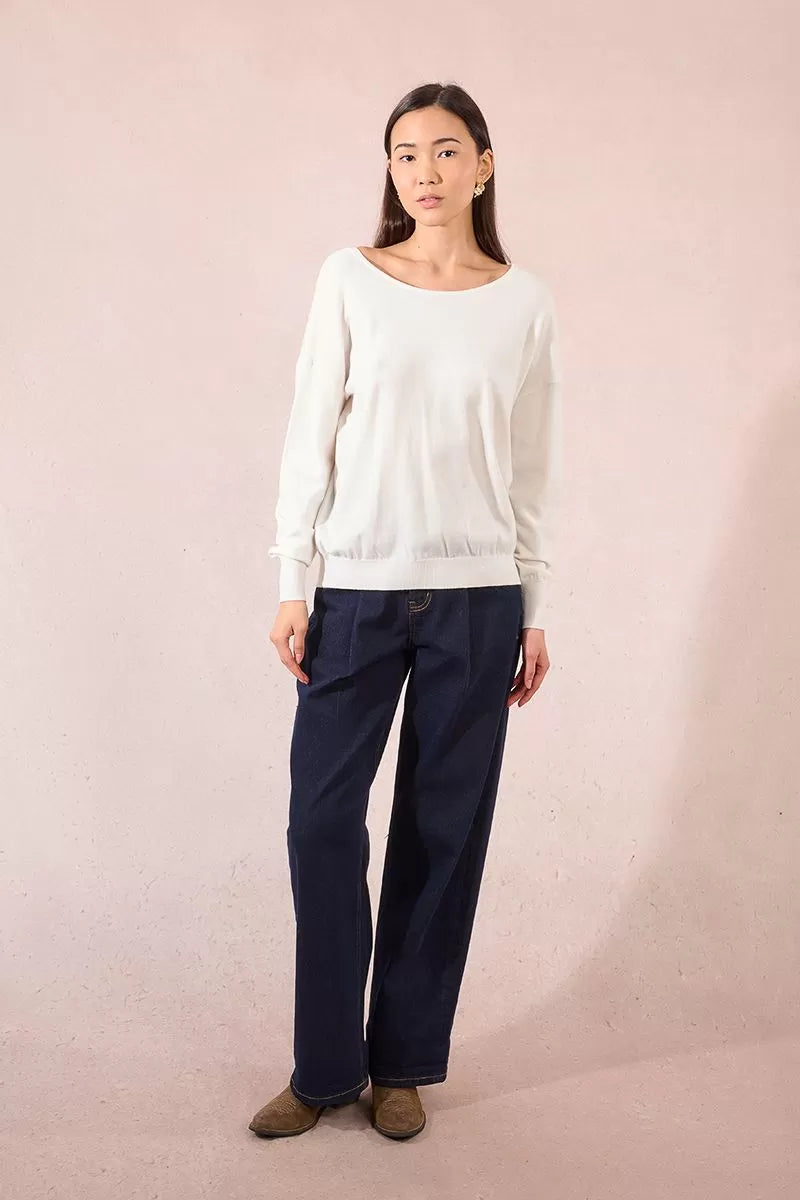 Molly Bracken Knitted Off White, Open V Back Sweater