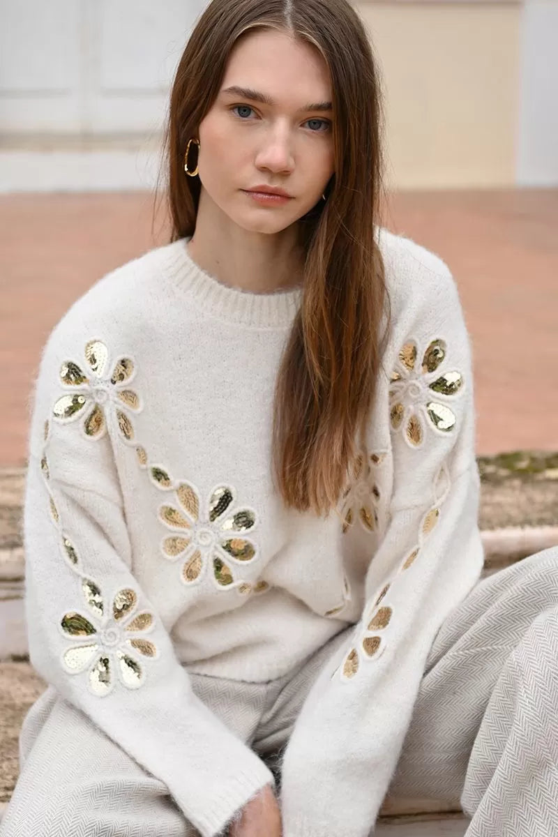 Molly Bracken Knitted Off White Sweater With sequin Detail