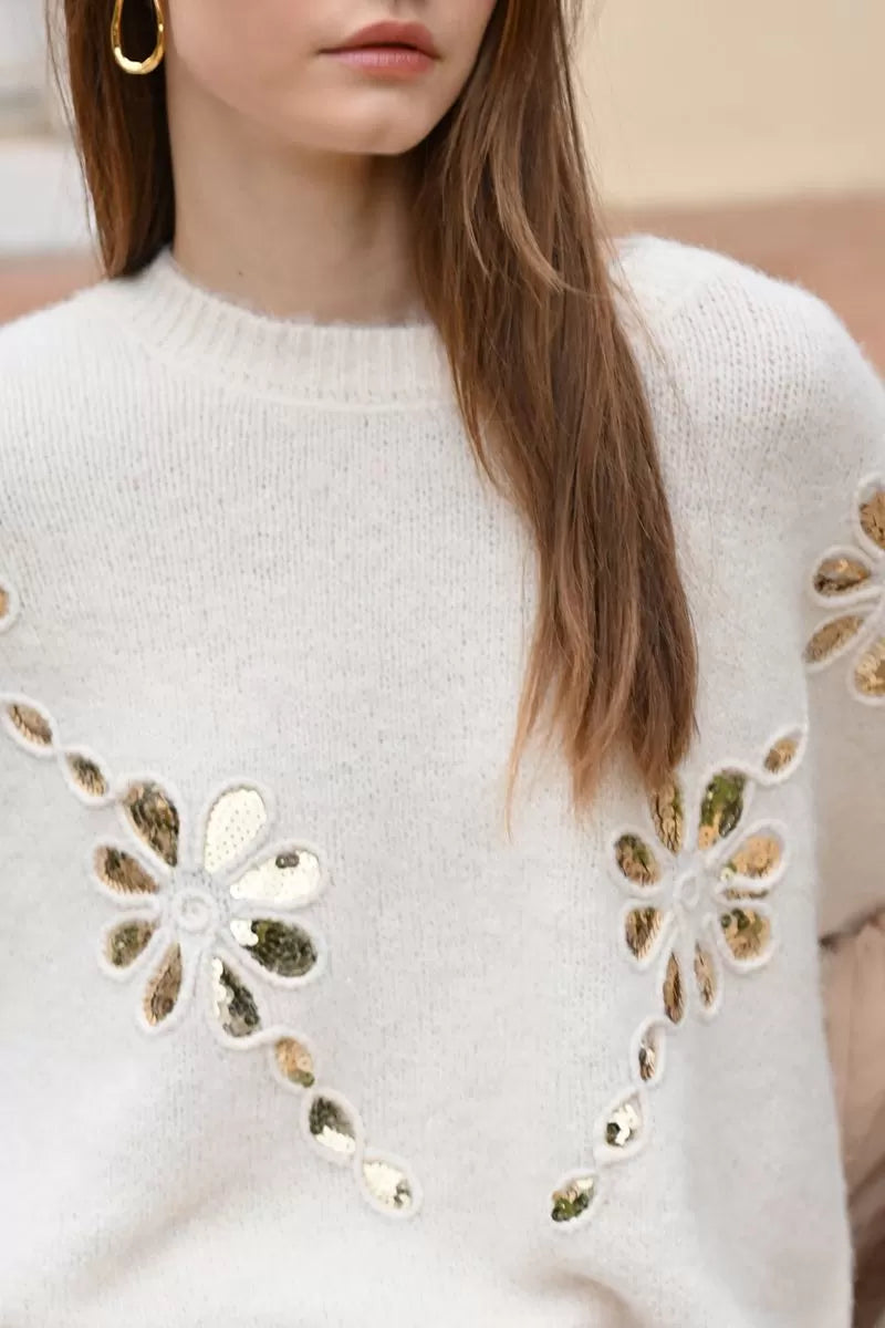 Molly Bracken Knitted Off White Sweater With sequin Detail