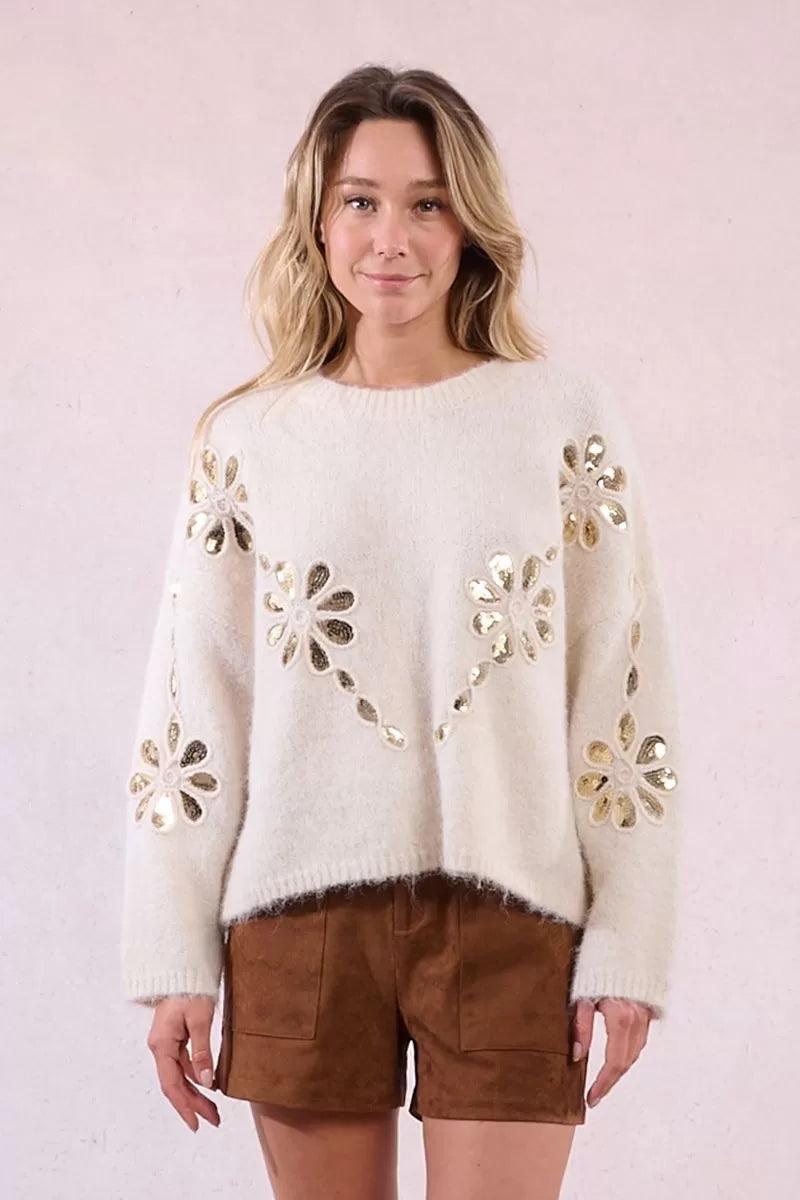 Molly Bracken Knitted Off White Sweater With sequin Detail