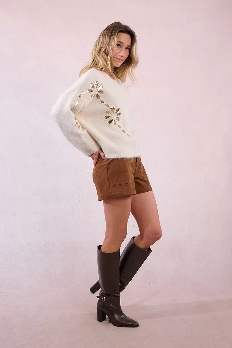Molly Bracken Knitted Off White Sweater With sequin Detail