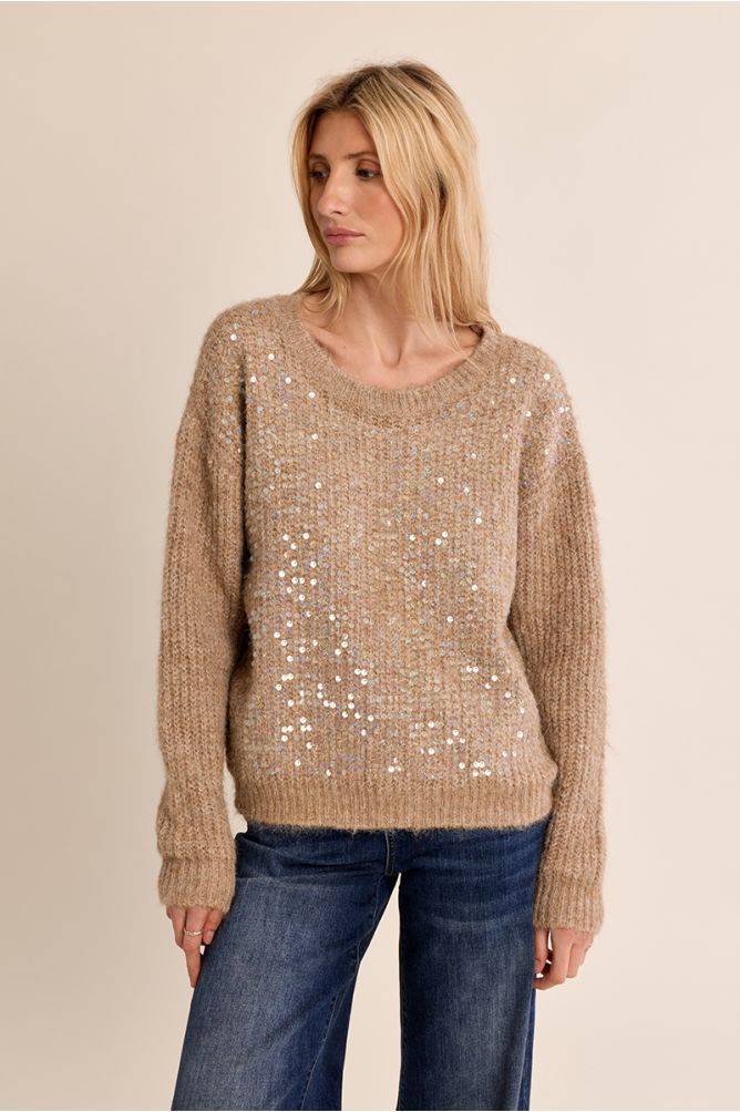 Molly Bracken Beige Knitted Sweater With Sequins