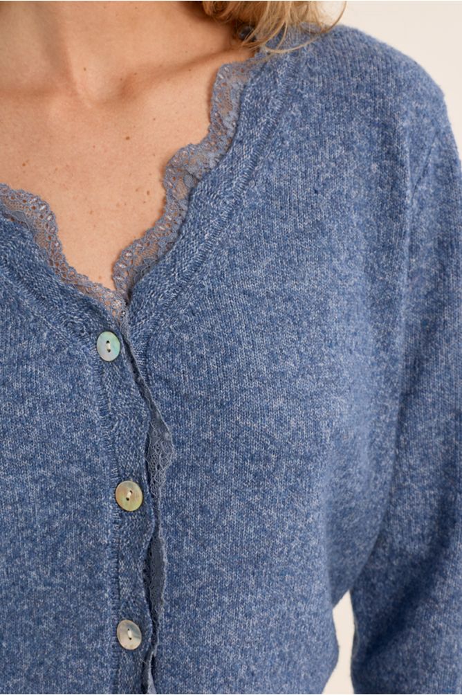 Molly Bracken Lace Scalloped Blue Denim Cardigan