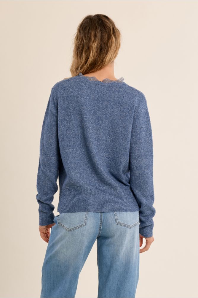 Molly Bracken Lace Scalloped Blue Denim Cardigan