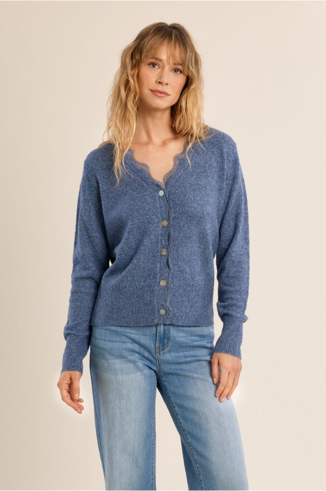 Molly Bracken Lace Scalloped Blue Denim Cardigan