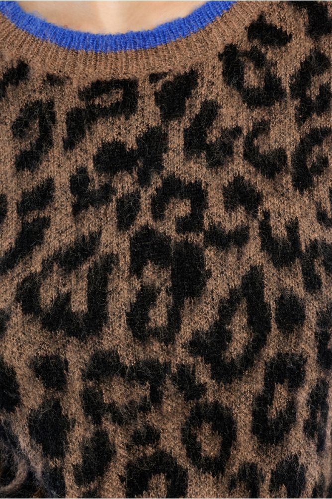Molly Bracken Animal Print Brown Sweater With Blue Accents