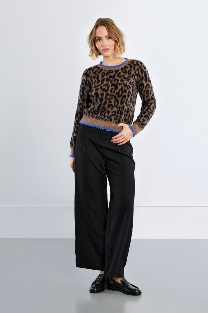 Molly Bracken Animal Print Brown Sweater With Blue Accents