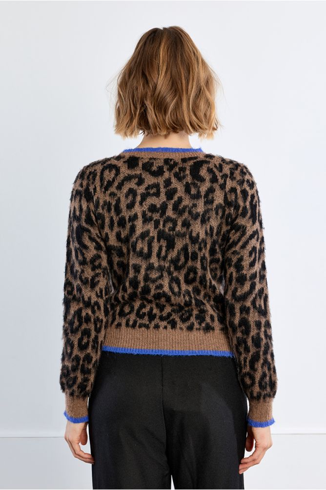 Molly Bracken Animal Print Brown Sweater With Blue Accents