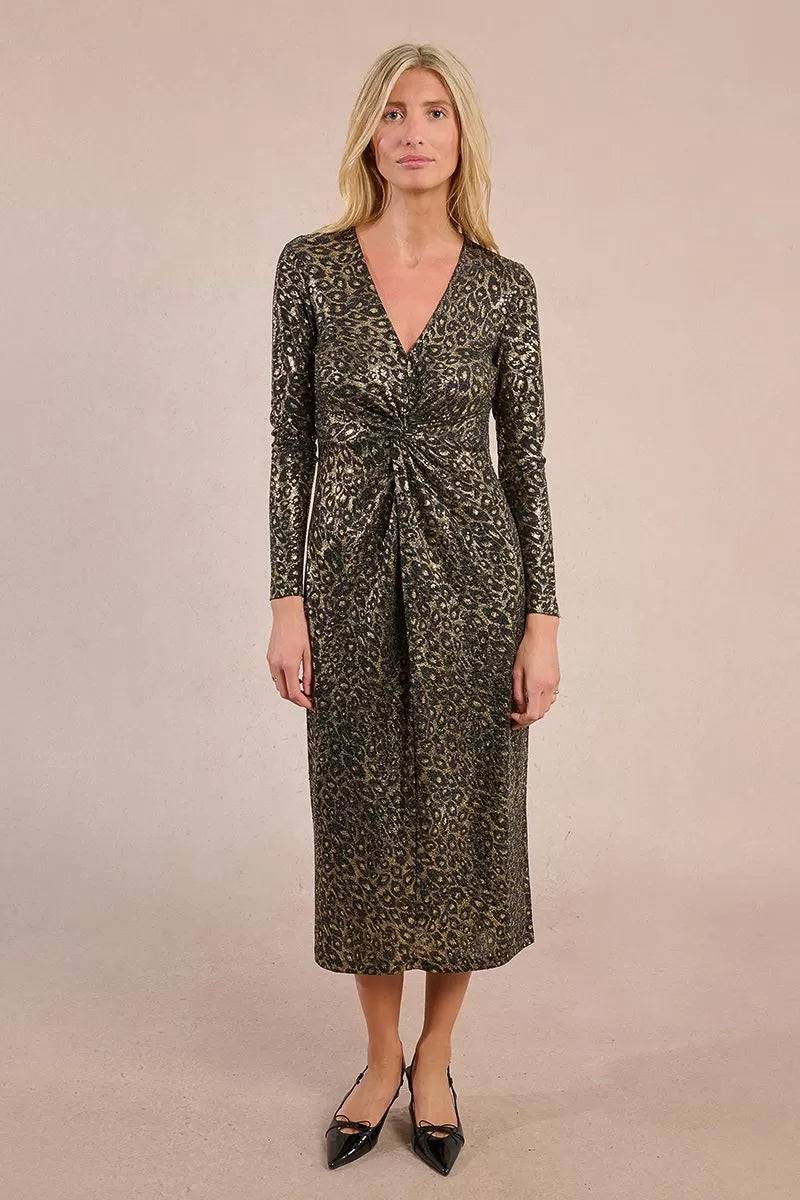 Molly Bracken Leopard Lamé Fitted Dress