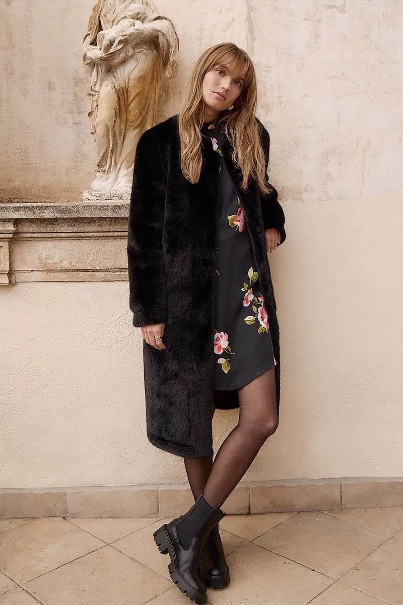 Molly Bracken Faux Fur Long Black Coat